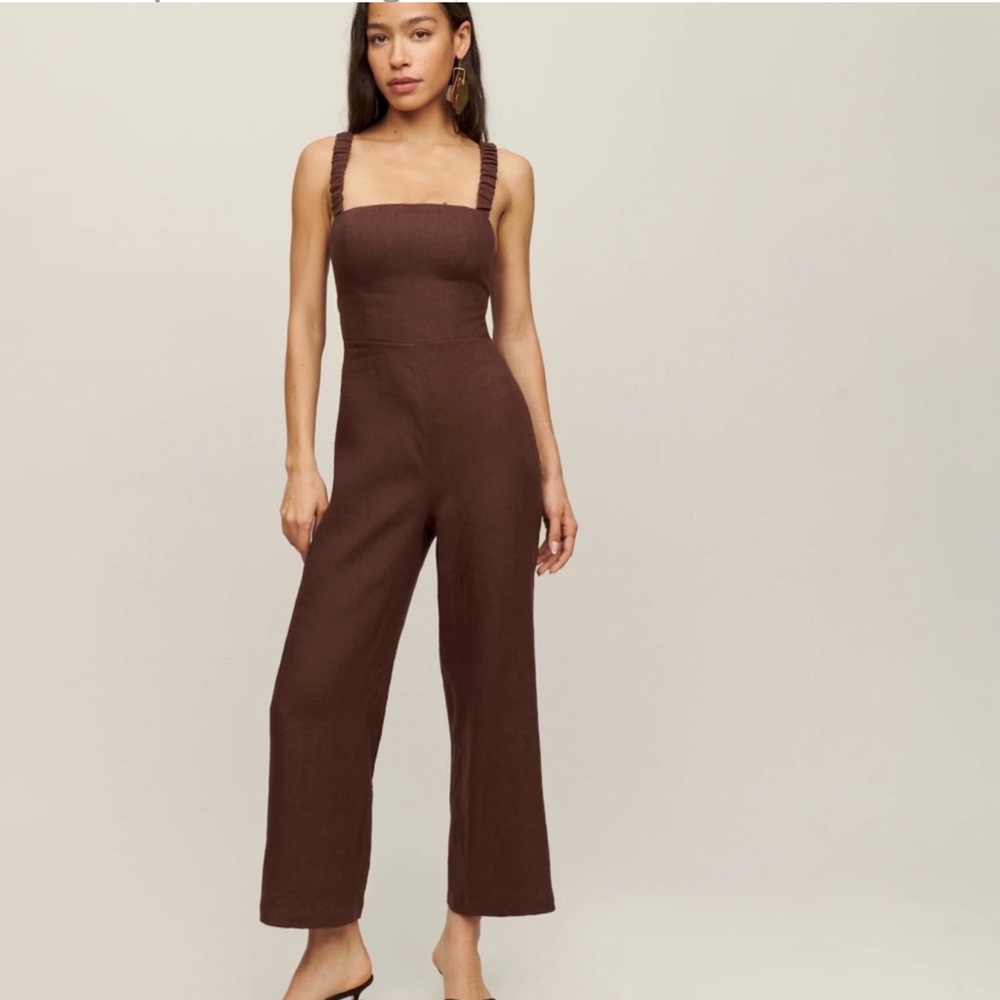 Reformation Harlow Brown Linen Cropped Jumpsuit